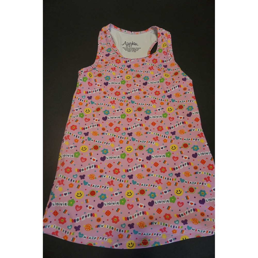 Azarhia Girls Pink Happy Vibes Smiley Face Racerback Dress 4T Novelty Print